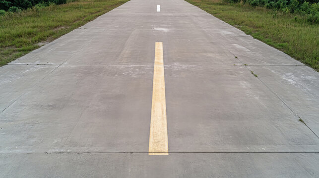 birds eye view of concrete runway with yellow centerline, surrounded by green grass. image captures simplicity and symmetry of road, evoking sense of openness and adventure