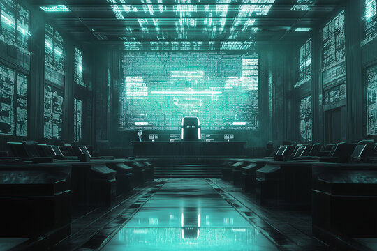 Dystopian courtroom presided by artificial intelligence judges in a futuristic tech environment with glowing binary codes