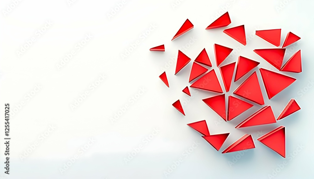 Poster red triangles scattered in a geometric pattern on a white surface, suggestive of fragmentation and d