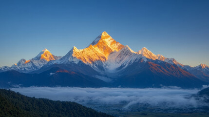 breathtaking view of snow covered mountain peak at sunrise, surrounded by clouds and lush greenery. majestic landscape evokes sense of tranquility and awe