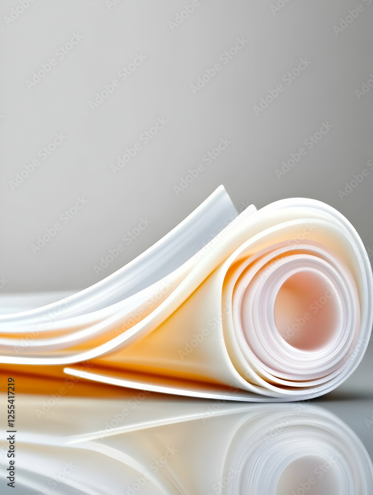 Poster rolled-up paper on a table, creating abstract curves and a circular shape. usable for design templat