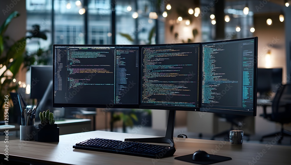 Poster Modern Multi-Monitor Setup for Efficient Coding in a Stylish Contemporary Workspace.