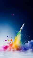 Rocket soars with rainbow smoke into a blue sky. Growth or innovation concept. Marketing image