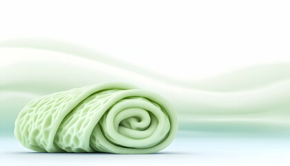 Rolled towel on light backdrop for spa or relaxation. Suitable for wellness ads, promoting hygiene, or healthy lifestyle blogs