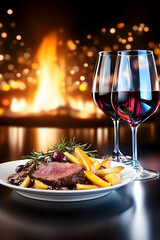 Romantic dinner steak with wine by fireplace. Cozy restaurant setting for dates, anniversaries. Food and love