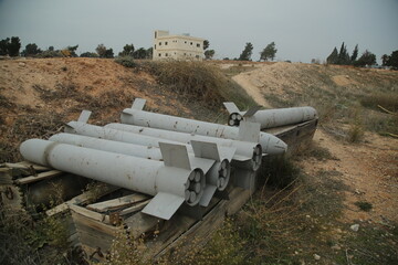 Military aircraft and missiles at a Syrian military site targeted by Israel. Conflict in the Middle...