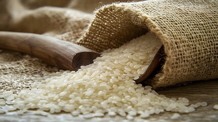 Rustic Still Life of White Rice Overflowing from Burlap Sack with Wooden Spoon on Table