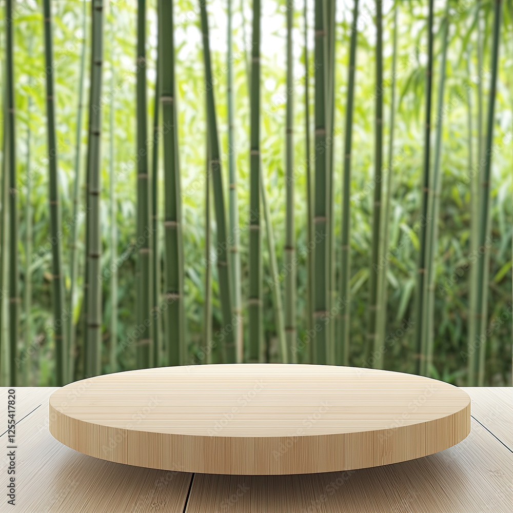 Poster empty round wooden table against bamboo forest background in 3d style for product presentation and a