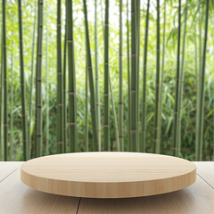 Empty round wooden table against bamboo forest background in 3d style for product presentation and advertising
