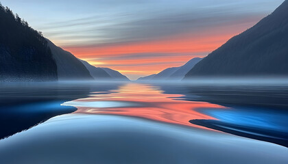 Serene lake reflects colorful sunset skies between mountain peaks, evoking peace for scenic travel, nature, or mindful reflection