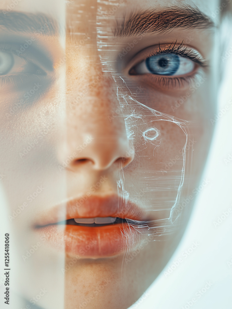 Poster human face with digital overlay creating an intriguing blend of reality and technology in modern art