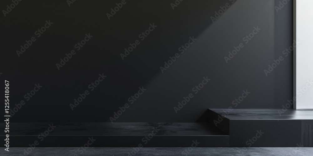 Poster an abstract minimalist composition featuring a stark black backdrop, geometric shapes in minimalist 