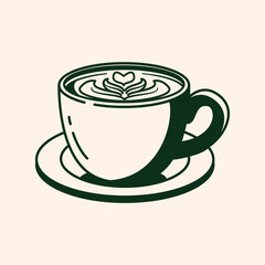 A cup of coffee with latte art sits on a saucer, hand drawn style