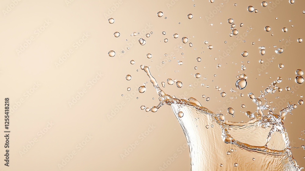 Poster fresh splash of liquid with dynamic droplets on a light background, capturing motion and elegance.