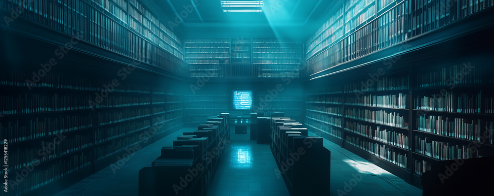 Poster library transformed by artificial intelligence with digital systems replacing traditional books and 