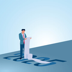 A man looks at the details of a target list above the shadow of the number 2025. Illustration for new year goals, new targets and new challenges.