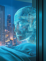 Luxury hotel experience enhanced by AI technology with futuristic holographic assistant in vibrant cityscape at night