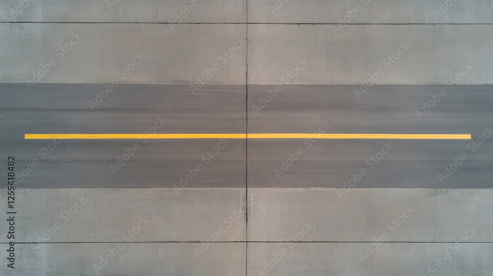 Poster top down view of plane runway with yellow centerline marking, showcasing smooth concrete surface and