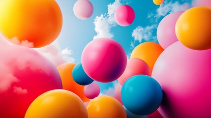 Colorful bunch of balloons floating against a bright blue sky in creative advertising design