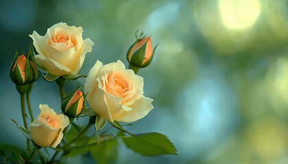Obraz premium Elegant White Roses with Orange Pistils in Bloom, Bathed in Sunlight against a Blurred Azure Sky