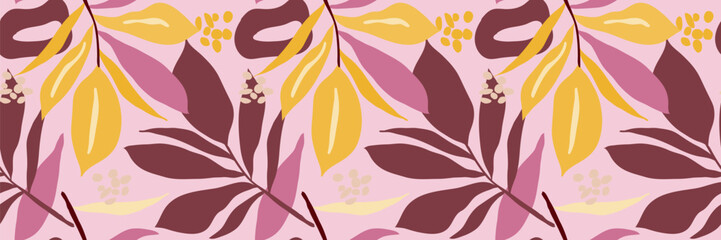 Floral autumn leaves pattern with pink and yellow tones in seamless textile design