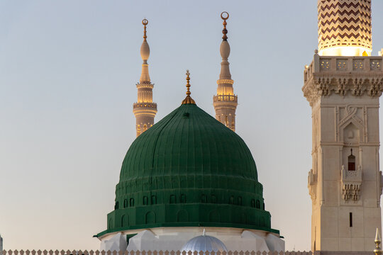 The Green Dome of the Prophet Mosque in Medina. Al-Masjid Al-Nabawi.