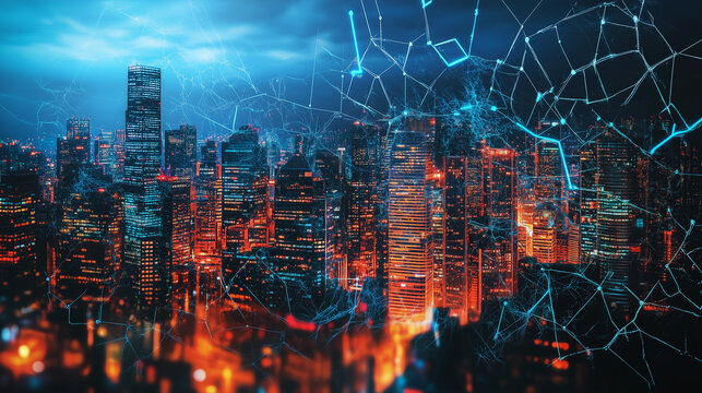 Massive data breach visualized as digital connections revealing vulnerabilities in a city skyline