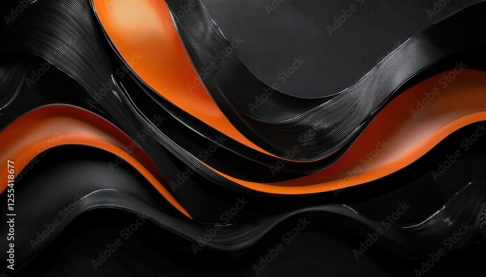 Poster abstract black and orange flowing wave design with textured surface, modern minimalist background fo
