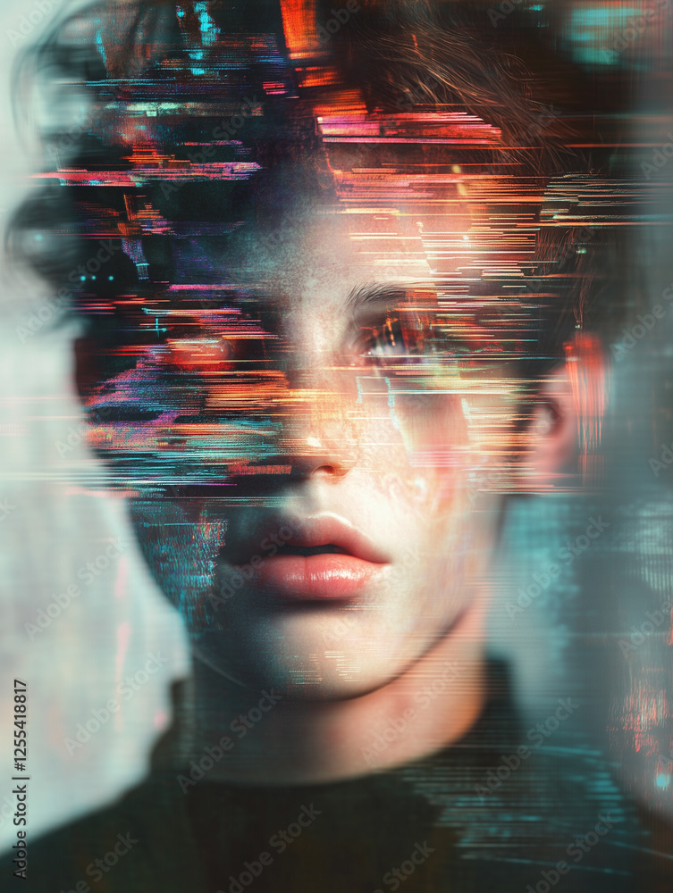 Aufkleber portrait of a person with fragmented digital visuals expressing the intersection of technology and i