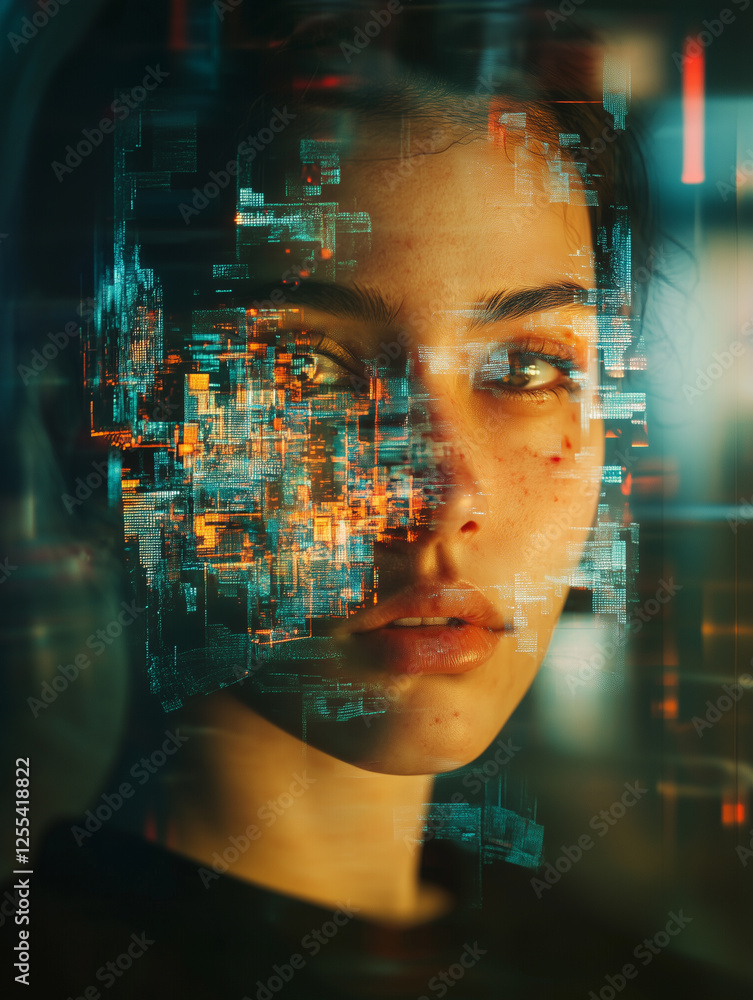 Aufkleber portrait of a person with fragmented digital effects creating a unique visual experience in a modern
