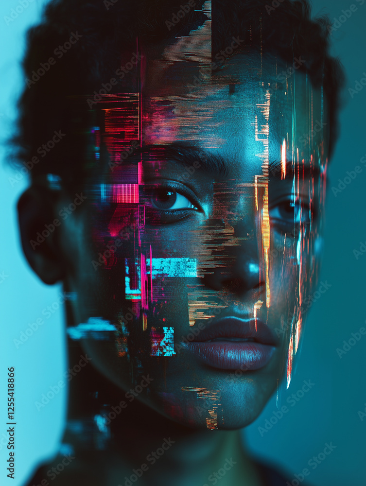 Poster fragmented digital portrait showcasing a person with captivating features and vivid colors in a cont