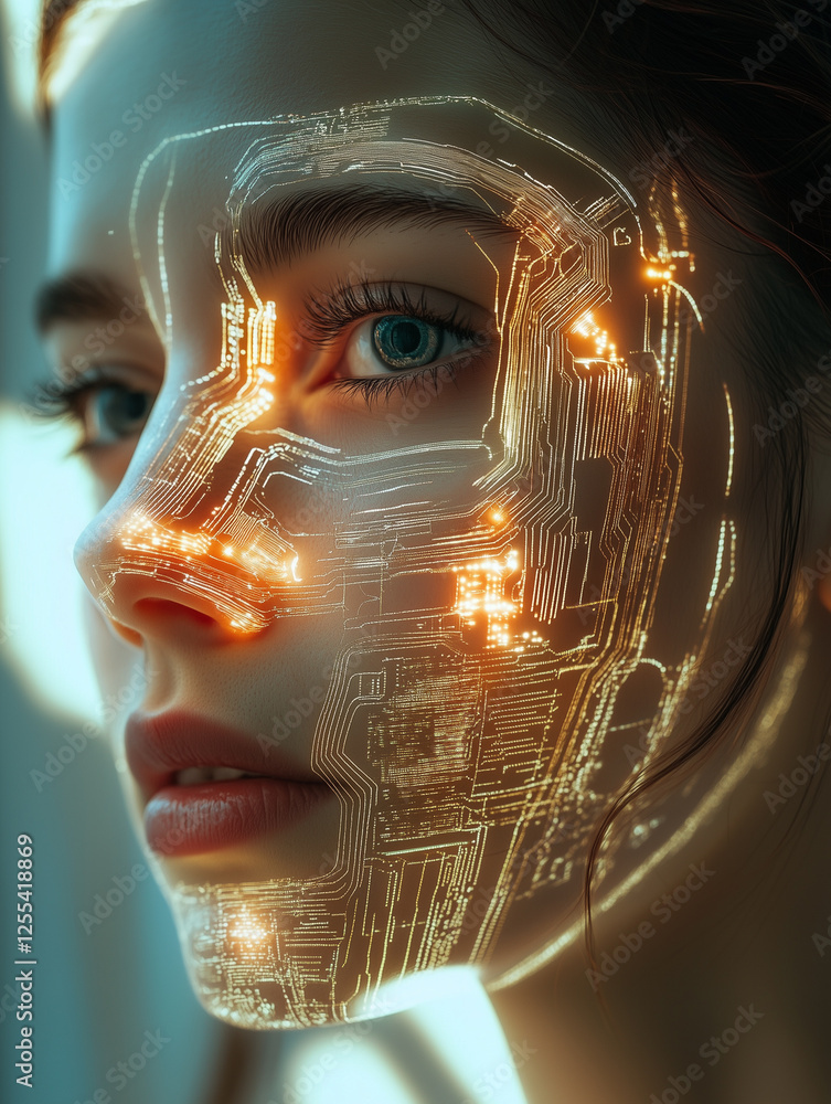 Poster complex portrait showcasing a persons half face illuminated with intricate circuit patterns and glow