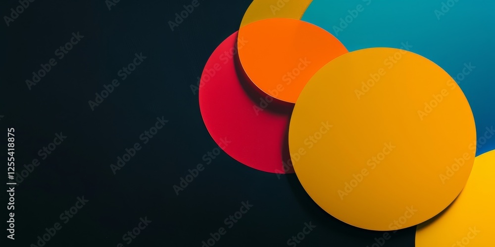 Aufkleber an abstract minimalist composition on a deep black background, bold geometric forms in vibrant color