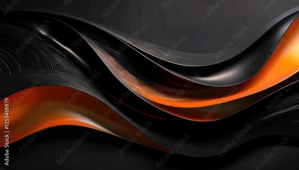 Poster abstract black and orange flowing wave design with textured surface, modern minimalist background fo