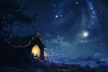 Fototapeta premium Starry Night Surrounding a Peaceful Nativity Scene With a Stable and Figures Under the Vast Sky Filled With Twinkling Stars and Distant Mountains