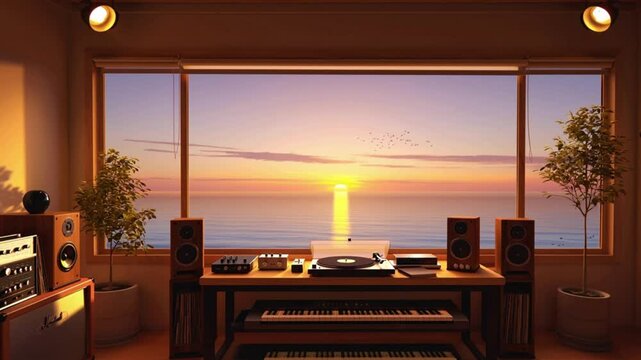 dreamy Radio studio with an ocean view at sunset from the window, for Lofi's music background. seamless looping 4k time-lapse animation video background