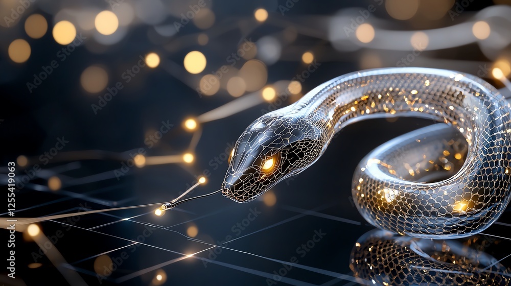 Poster futuristic digital snake with glowing lights intertwines with technology circuit background, symboli