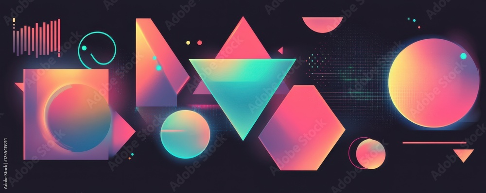 Poster vibrant neon geometric shapes on dark background with abstract design elements