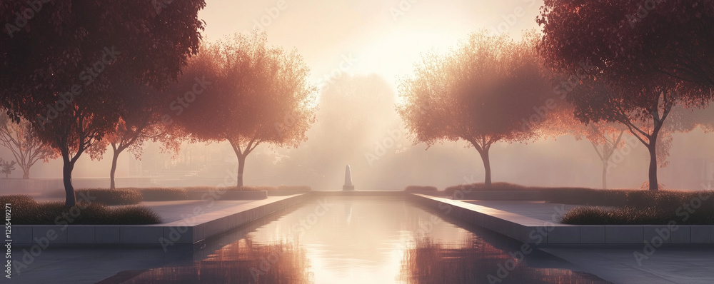 Poster serene park with tranquil water reflection and soft sunlight filtering through trees