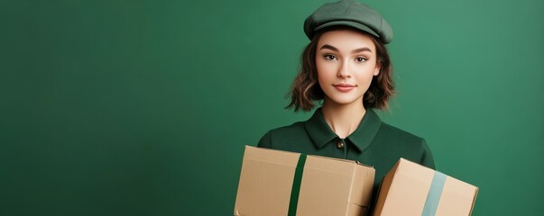 Young caucasian female delivery worker holding packages in green uniform