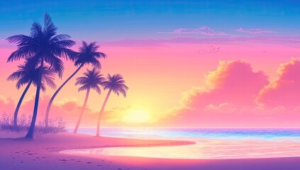 A Vibrant, Pastel Sunset Paradise A Serene Beach Scene at Dusk