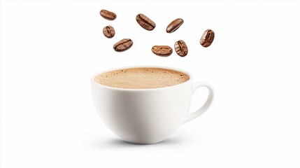 A steaming cup of coffee with floating beans against a crisp white backdrop creates a sense of simple pleasure