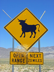 Open range sign in the  Californian  desert .In the Western United States , open range is rangeland where cattle roam freely regardless of land ownership