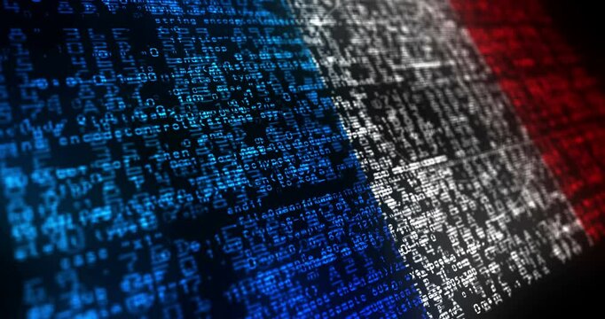 France USA flag waving secure code. French blowing banner cyber security attack and hack concept animation.