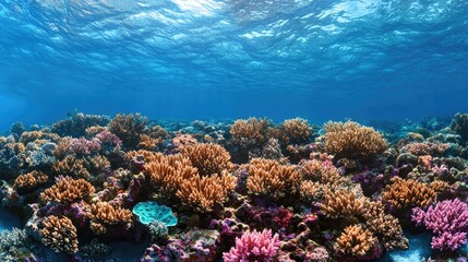 Obraz premium Vibrant coral reef underwater scene, sunlight, ocean