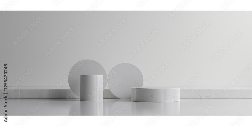 Poster an abstract minimalist composition with a stark white backdrop, geometric shapes in minimalist style