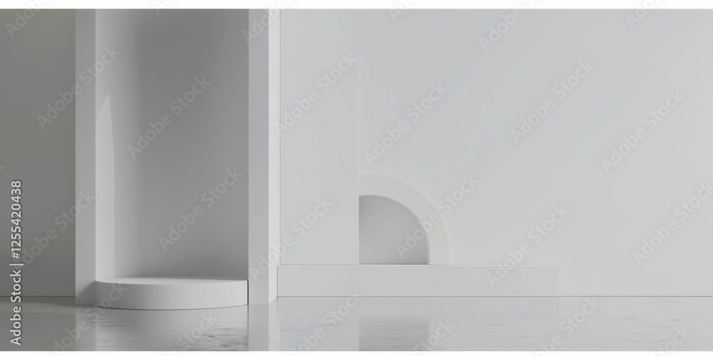 Poster an abstract minimalist composition with a stark white backdrop, geometric shapes in minimalist style