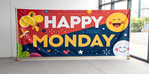 Fototapeta premium Happy Monday motivational banner with colorful design, cartoon smiley faces, positive vibes, and vibrant office interior decor. 