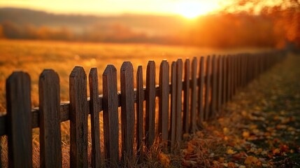 Obraz premium Sunset autumn field wooden fence