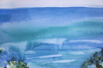 Aqua blue marine landscape with skyline. Watercolor waves brush strokes smudges stains structure on paper.